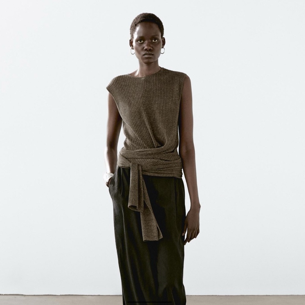 Massimo Dutti MELANGE LINEN BLEND TOP WITH TIE DETAIL Size Medium